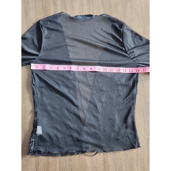 To The Moon Vtg Y2K Sheer Mesh Tie Up Overlay Top Black Glitter Flowers Size M - Picture 7 of 10